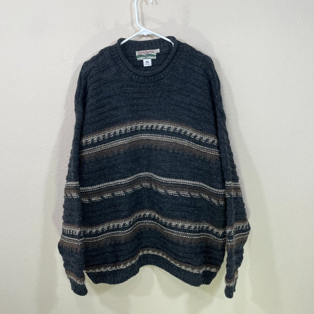 CELTIC COUNTRY Wool Sweater Mens Large‎ Chunky Gray Fisherman Pullover Ireland